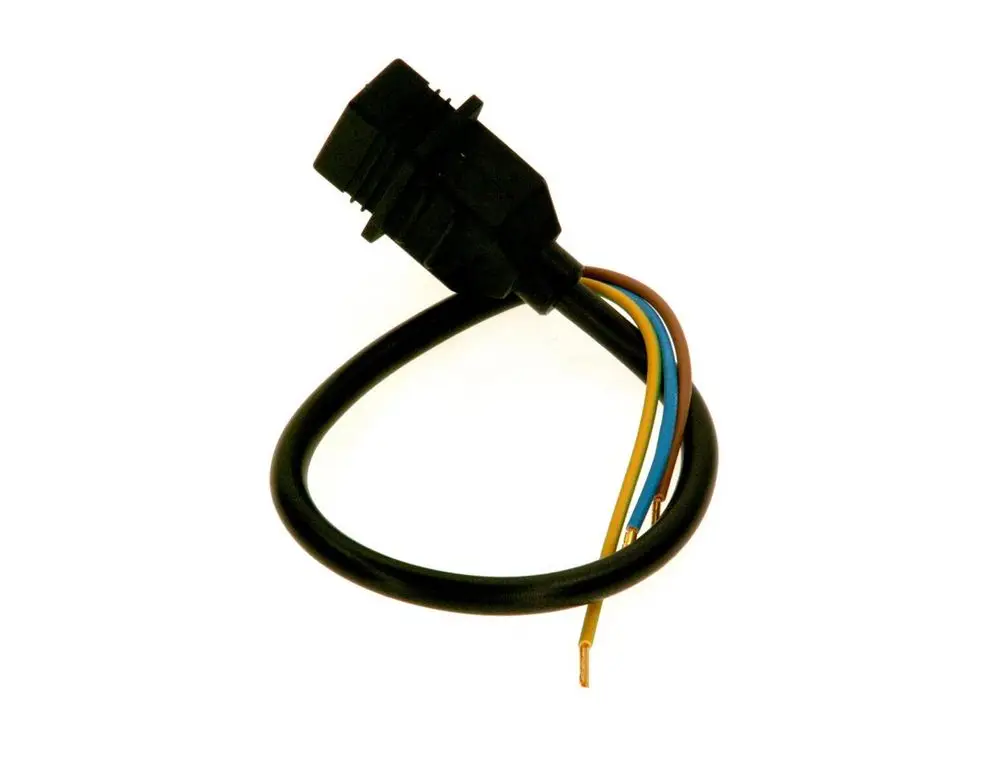 Schwarzes Kabel mit einem elektrischen Stecker und mehreren farbigen Litzen, vermutlich für den Anschluss eines Magnetventils von Bosch.